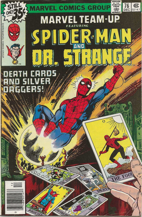 Comic book cover featuring Spider-Man and Dr. Strange with tarot cards.