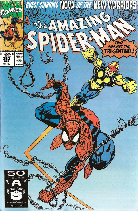 Comic book cover featuring Spider-Man and Nova, with text about the Amazing Spider-Man and the Tri-Sentinel.