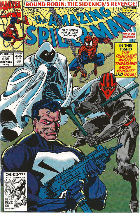 Comic book cover featuring Spider-Man and other characters with superhero poses.