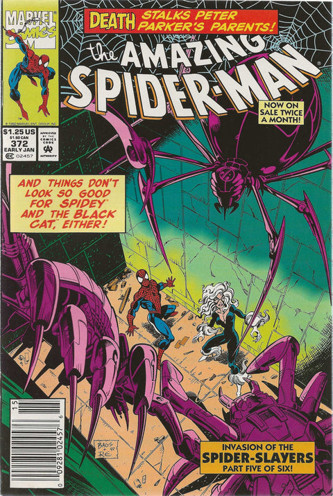 Comic book cover of 'The Amazing Spider-Man' with Spider-Man and Black Cat amidst spider-like creatures.