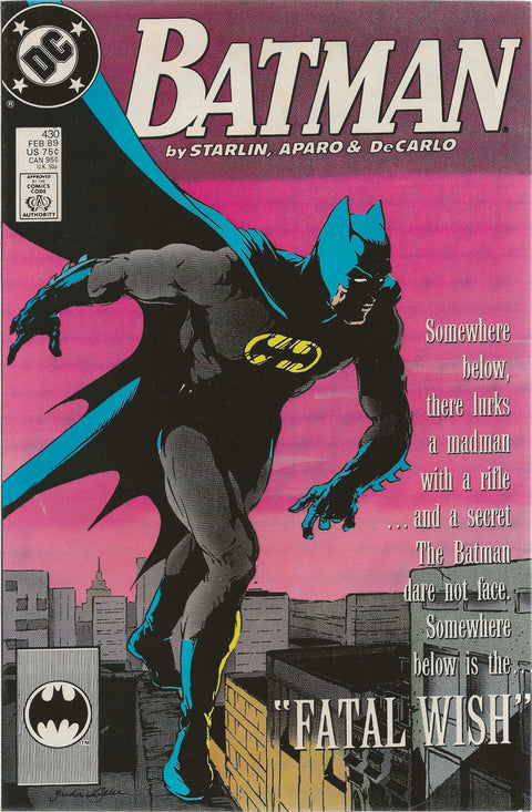 Comic book cover featuring Batman with a pink background