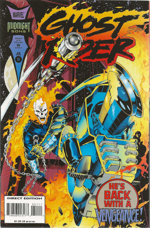 Comic book cover featuring Ghost Rider with chains and fiery background