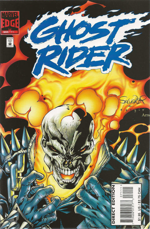 Comic book cover of Ghost Rider with fiery background and skeleton hands.