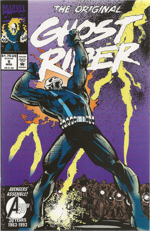 Comic book cover featuring 'The Original Ghost Rider' with a superhero in action pose against a purple background.