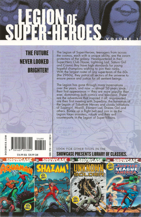 Back cover of 'Legion of Super-Heroes' volume 1 with comic book covers and text.
