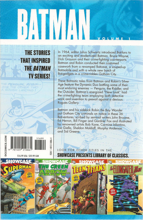 Back cover of a Batman comic book volume with text and smaller comic book covers.