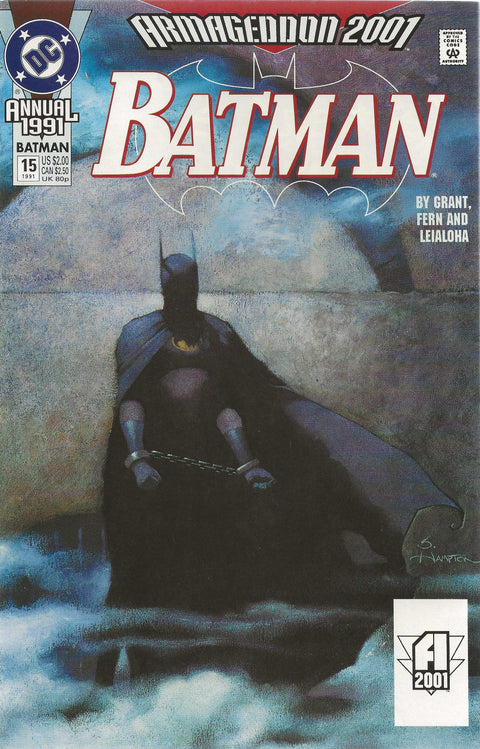 Comic book cover featuring Batman in a dark pose with a gray background
