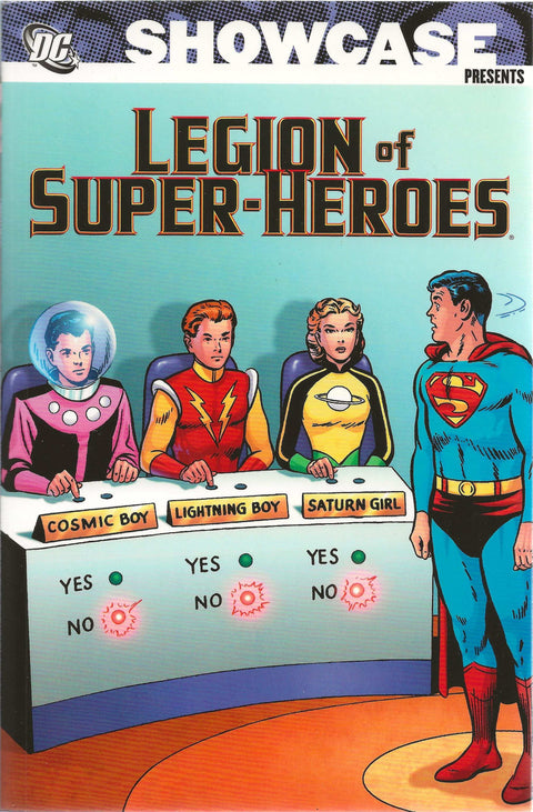 Comic book cover featuring characters from 'Legion of Super-Heroes' with a game show setup.