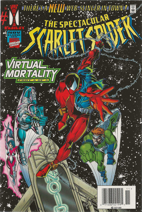 Comic book cover featuring 'The Spectacular Scarlet Spider' with superhero characters on a cosmic background.