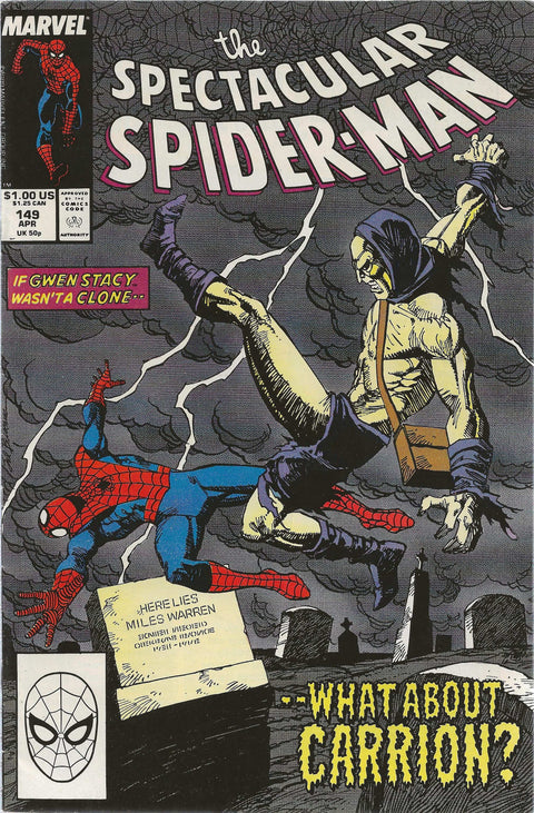 Comic book cover featuring Spider-Man and a skeleton-like figure with text 'The Spectacular Spider-Man' and 'What About Carrion?'.